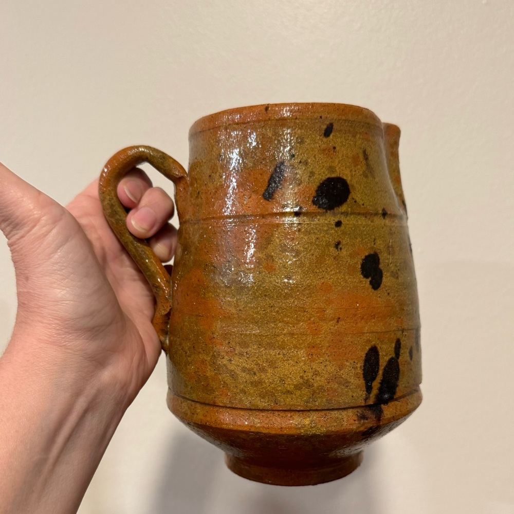 Vintage rustic hand painted pitcher vase pottery 7” tall 4.25” diameter
